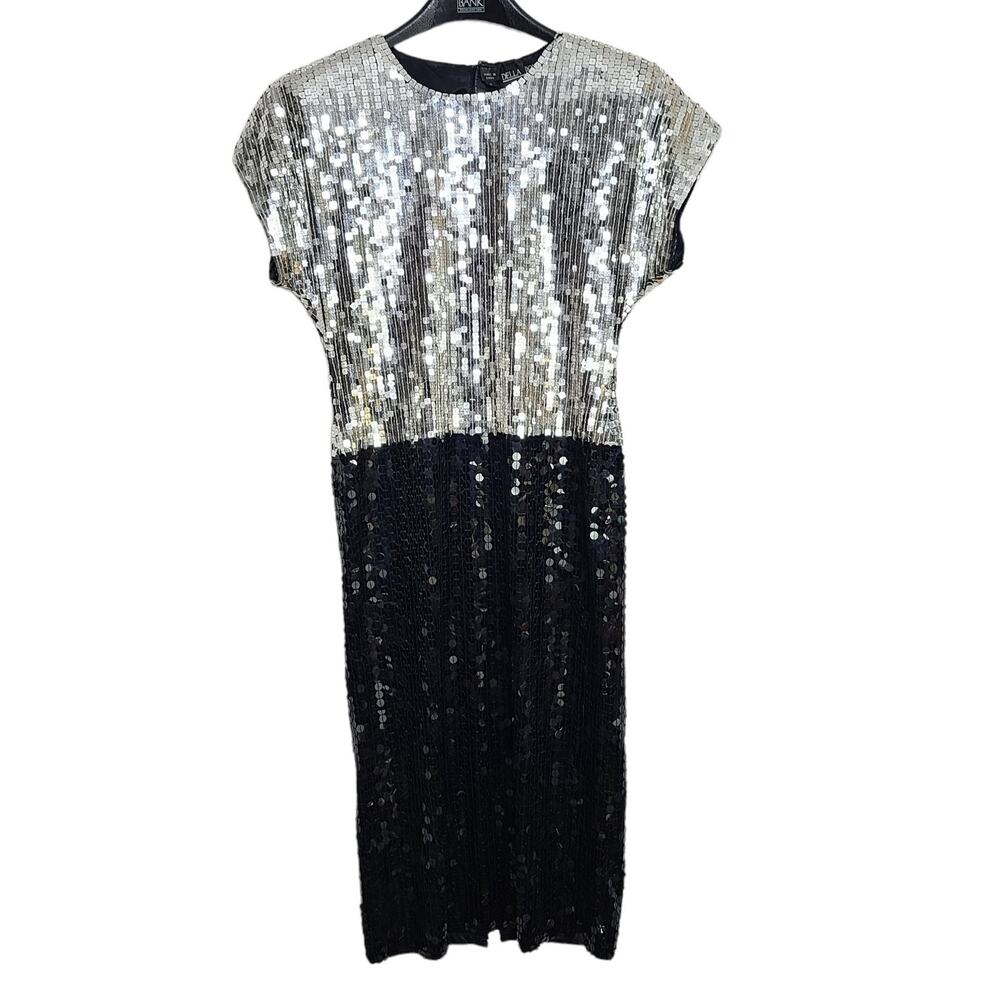 Vintage Della Roufogali Dress Cocktail Party Size 6 Square Sequin Silver Black